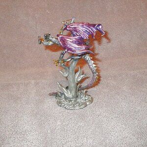 Pewter Dragon Iridescent 2 Headed Serpent Heart Crystal Winged Fantasy Figurine